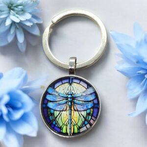 Dragonfly Cabochon Keyring Blue Mosaic Keychain Key Ring Bag Accessory Chain NEW